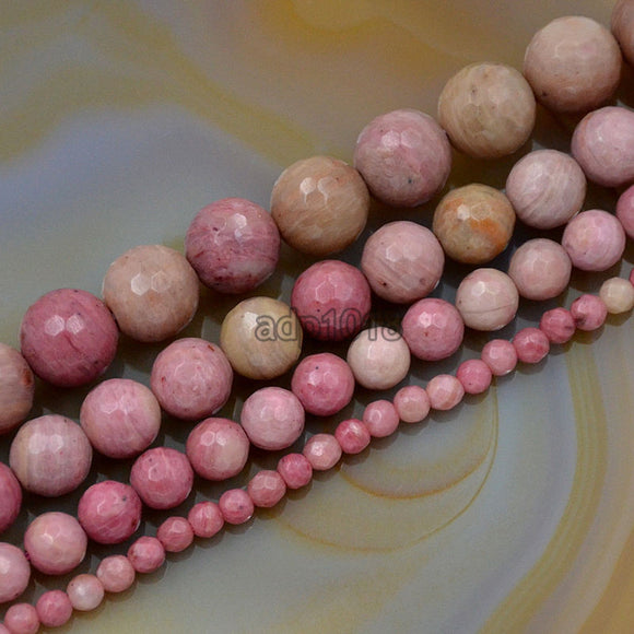 Faceted Natural Pink Rhodonite Gemstone Round Loose Beads on a 15.5