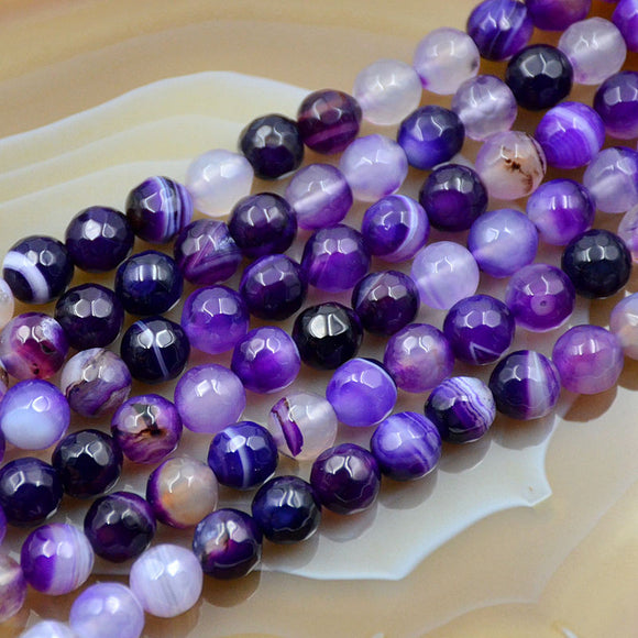 Faceted Natural Purple Striated Agate Gemstone Round Loose Beads on a 15.5