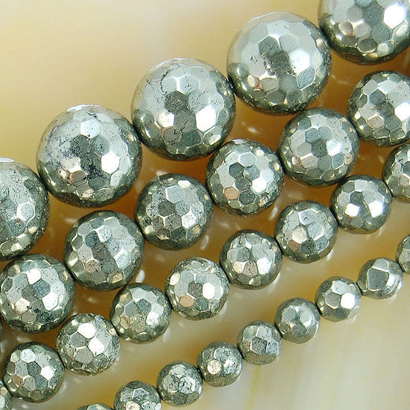 Faceted Natural Pyrite Gemstone Round Loose Beads on a 15.5
