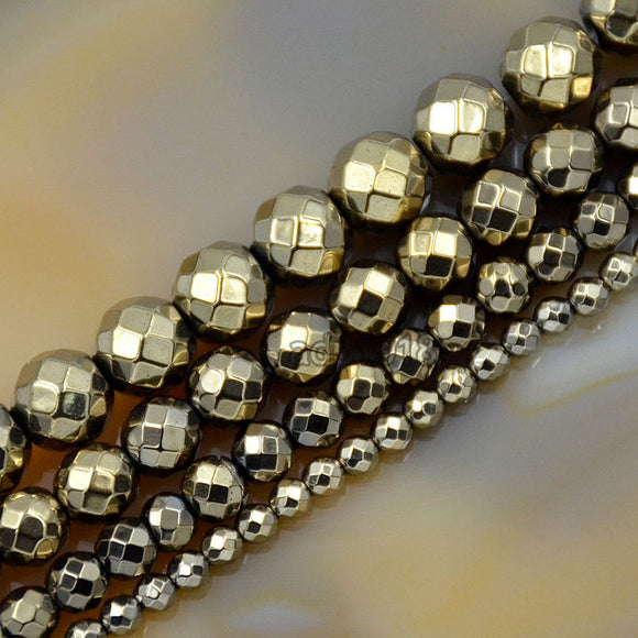 Faceted Natural Pyrite Hematite Gemstone Round Loose Beads on a 15.5