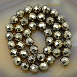 Faceted Natural Pyrite Hematite Gemstone Round Loose Beads on a 15.5" Strand