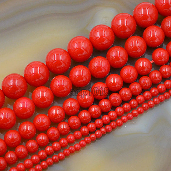 Czech Red Satin Luster Glass Pearl Round Beads on a 15.5