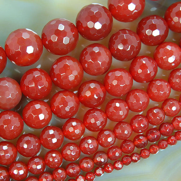 Faceted Natural Red Agate Gemstone Round Loose Beads on a 15.5