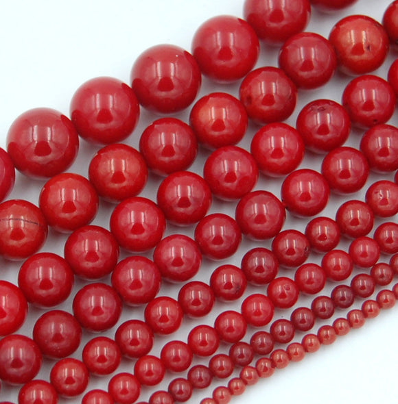 Natural Red Coral Gemstone Round Loose Beads on a 15.5