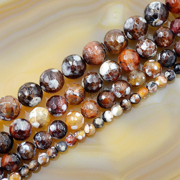 Faceted Natural Red Dream Fire Agate Gemstone Round Loose Beads on a 15.5