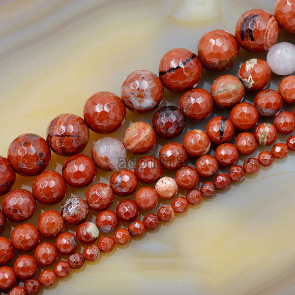 Faceted Natural Red River Jasper Gemstone Round Loose Beads on a 15.5