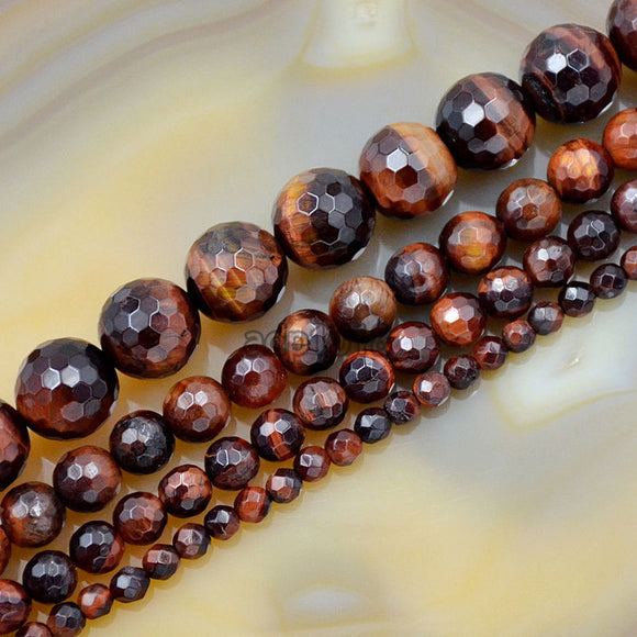 Faceted Natural Red Tiger's Eye Gemstone Round Loose Beads on a 15.5