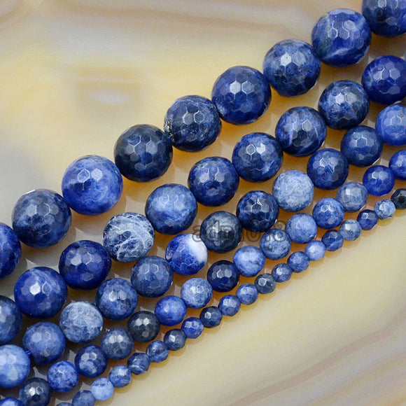 Faceted Natural Sodalite Gemstone Round Loose Beads on a 15.5