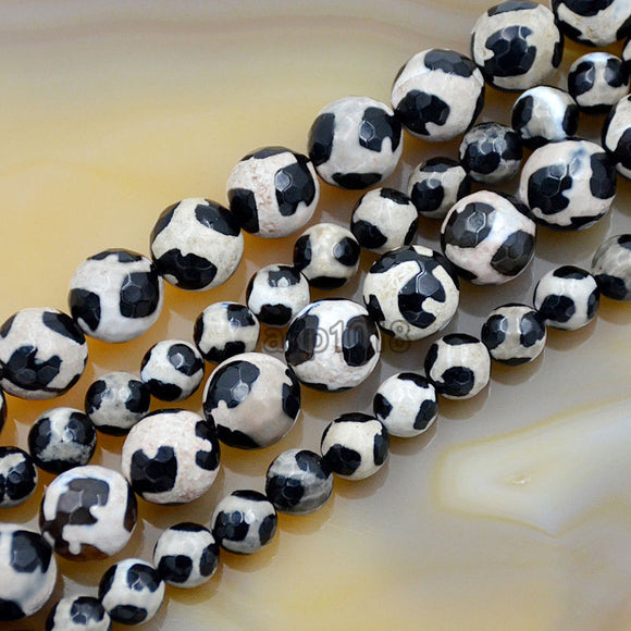 Faceted Natural Tibetan Black Turtle Grain Old Agate Gemstone Round Loose Beads on a 15.5