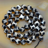 Faceted Natural Tibetan Black Turtle Grain Old Agate Gemstone Round Loose Beads on a 15.5" Strand