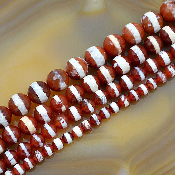 Faceted Natural Tibetan Red Stripe Old Agate Gemstone Round Loose Beads on a 15.5