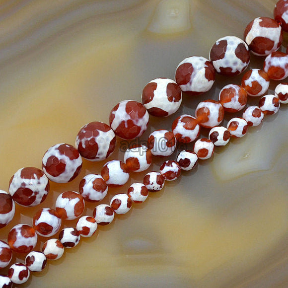 Faceted Natural Tibetan Red Turtle Grain Old Agate Gemstone Round Loose Beads on a 15.5