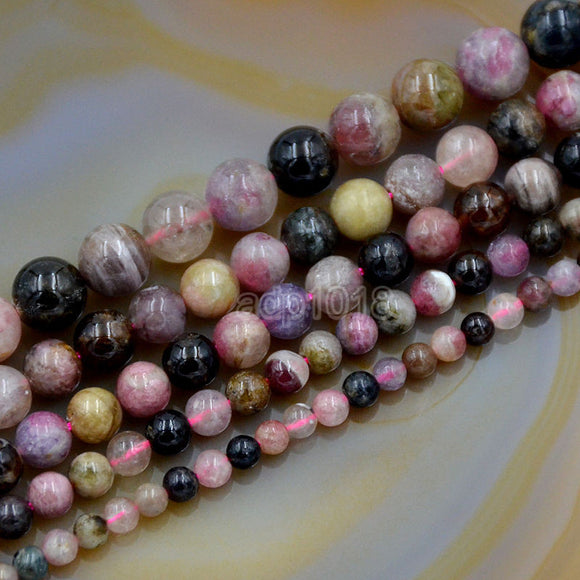 Natural Multi-Color Tourmaline Gemstone Round Loose Beads on a 15.5