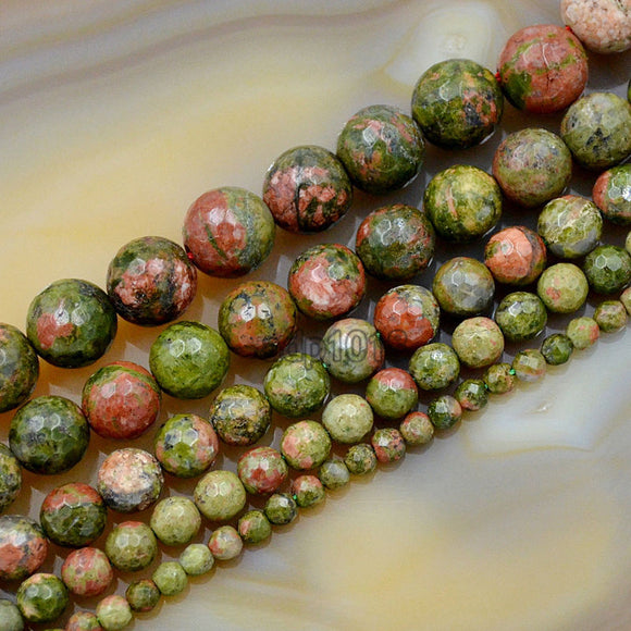 Faceted Natural Unakite Gemstone Round Loose Beads on a 15.5