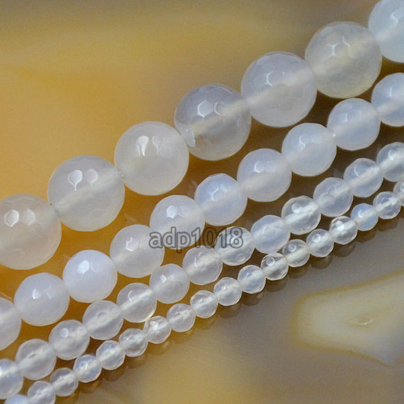 Faceted Natural White Agate Gemstone Round Loose Beads on a 15.5