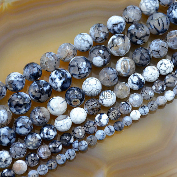 Faceted Natural White Fire Agate Gemstone Round Loose Beads on a 15.5