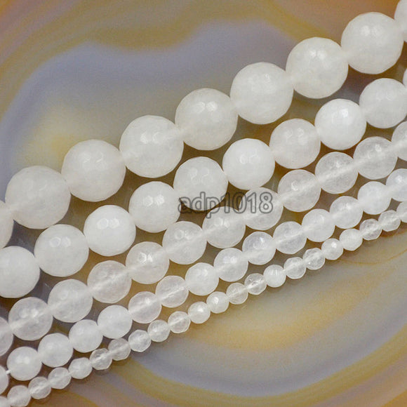 Faceted Natural White Jade Gemstone Round Loose Beads on a 15.5