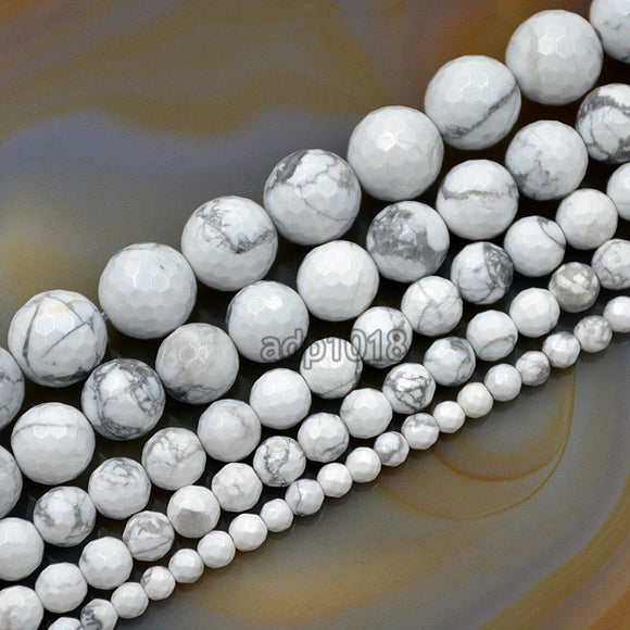 Faceted Natural White Turquoise Gemstone Round Loose Beads on a 15.5