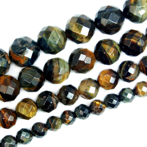 Faceted Natural Yellow Blue Tiger's Eye Gemstone Round Loose Beads on a 15.5