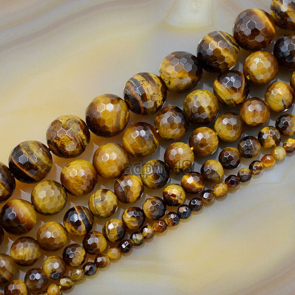 Faceted Natural Yellow Tiger's Eye Gemstone Round Loose Beads on a 15.5