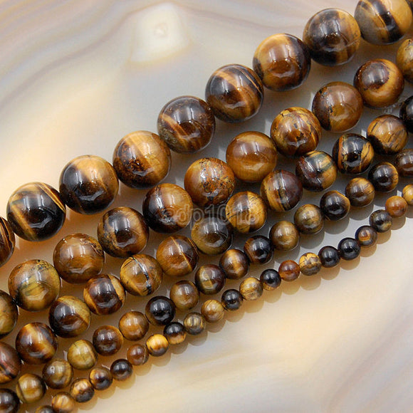 Natural Yellow Tiger's Eye Gemstone Round Loose Beads on a 15.5