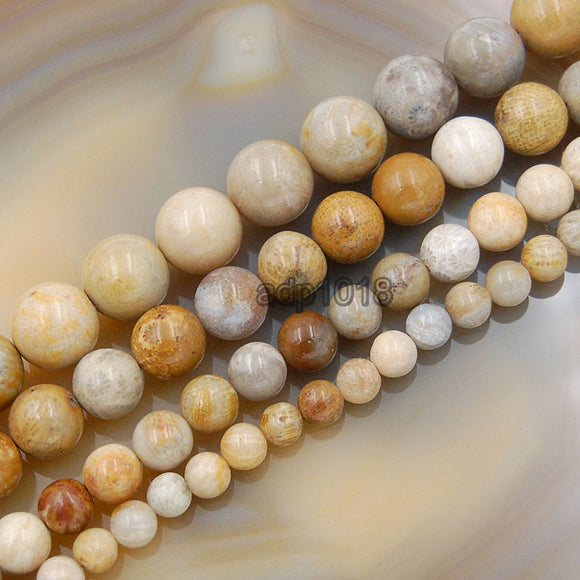 Natural Yellow Coral Fossil Gemstone Round Loose Beads on a 15.5